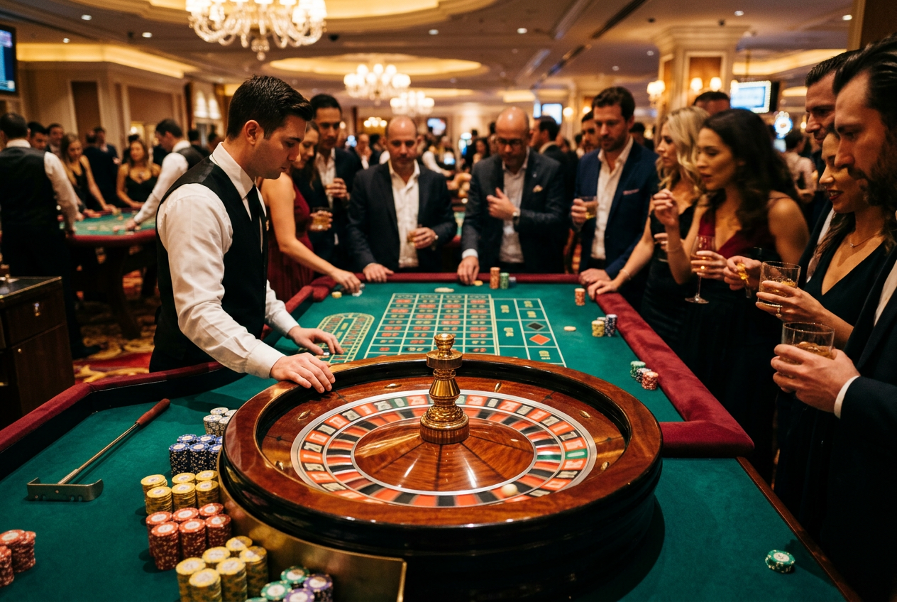 Atmosférický pohled na osvětlený stůl s ruletou v luxusním kasinu s rozostřeným pozadím