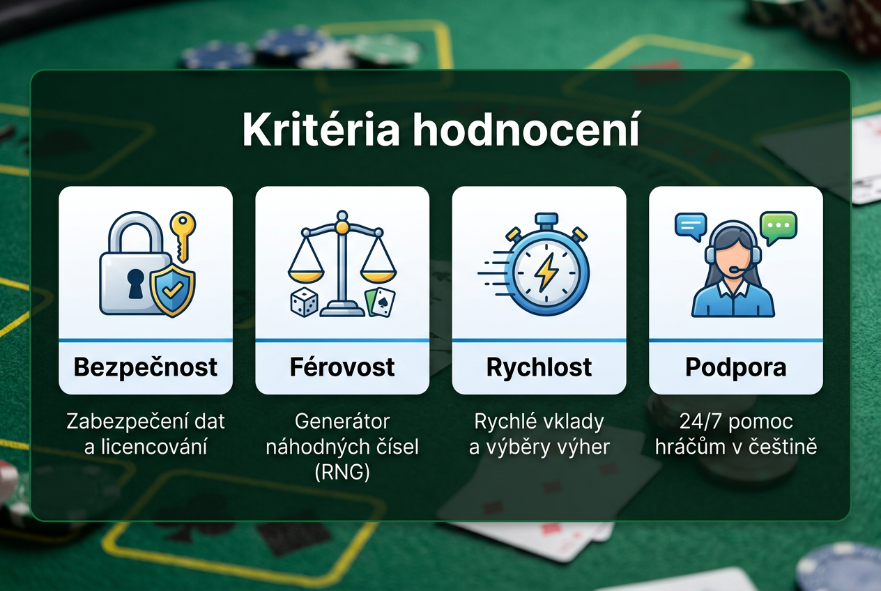 Infografika s kritérii hodnocení kasinových bonusů se stručnými českými popisky