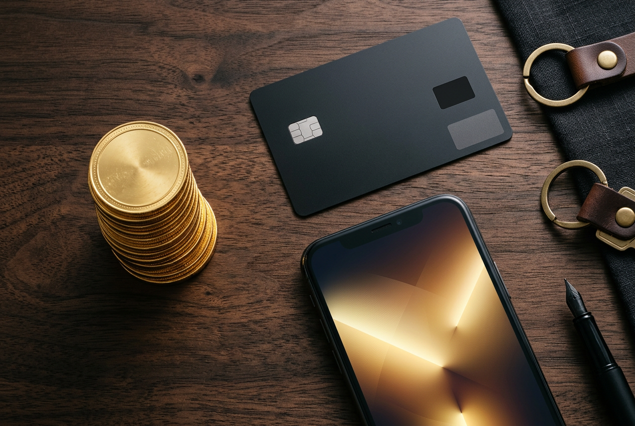 Detailní záběr na unbranded platební kartu a chytrý telefon na dřevěném stole s jemným odleskem displeje vedle hromádky zlatých mincí