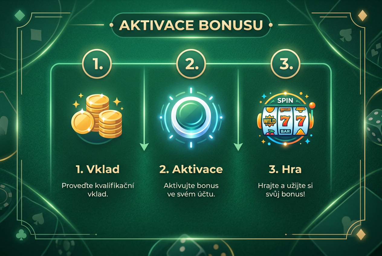 Infografika v češtině ukazující tři kroky k aktivaci bonusu